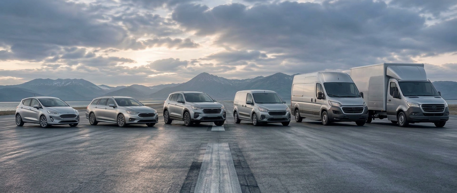 Sex silverfärgade fordon parkerade på en landningsbana: småbil, kombi, suv, liten arbetsbil, stor arbetsbil och lastbil, med grå berg och gråblå himmel i bakgrunden
